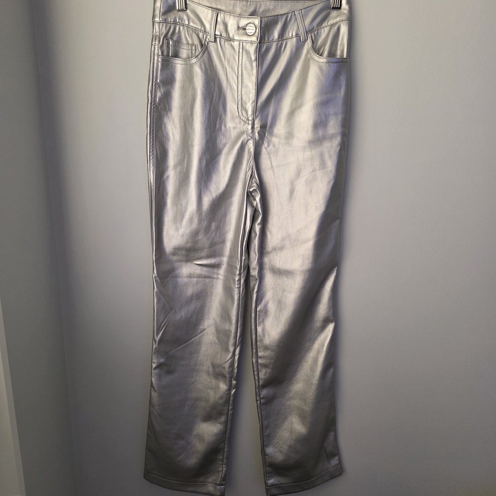 House of Harlow 1960 Silver Faux Leather Pants Size 2 Metallic Straight Leg - Picture 3 of 16